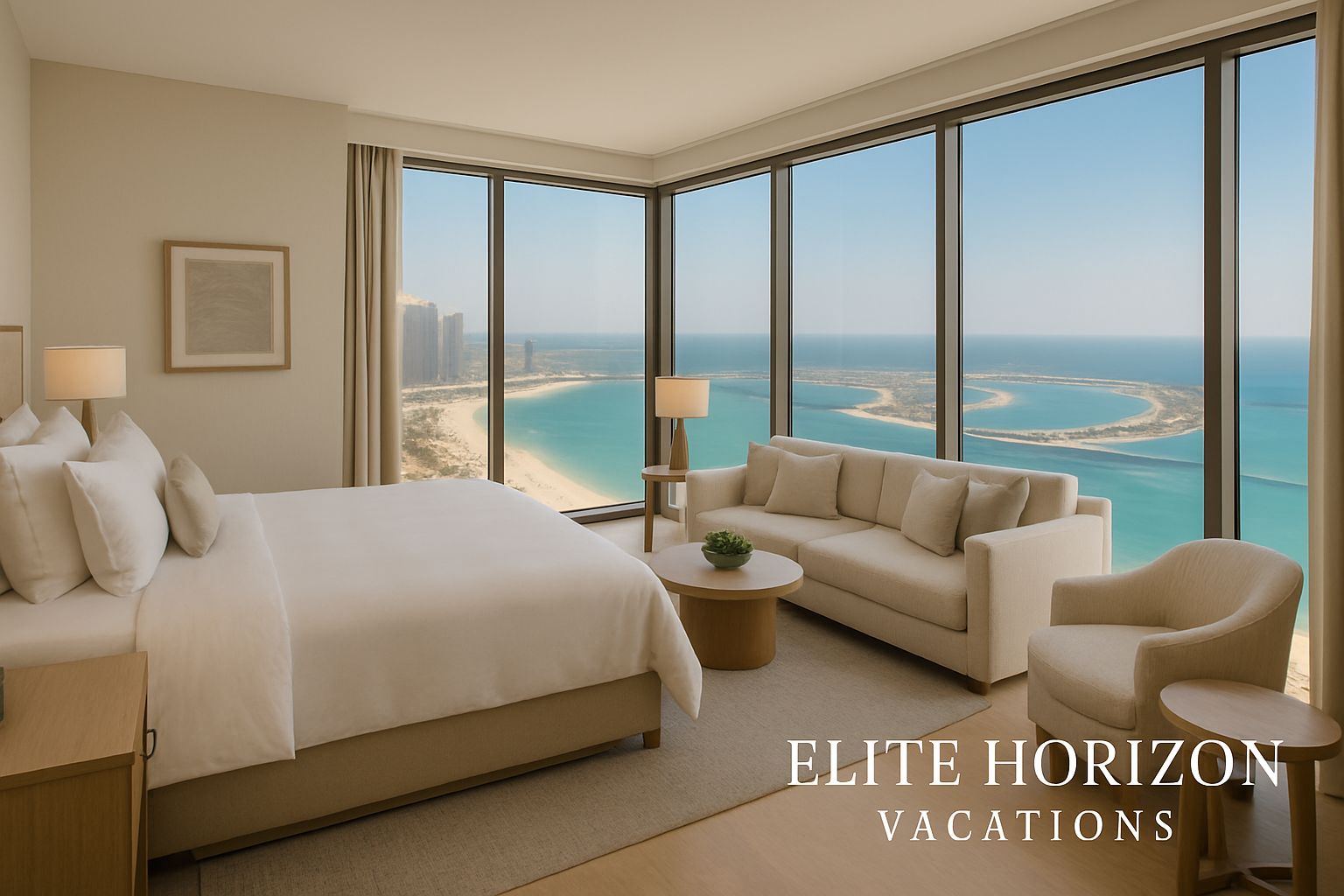 A beautifully arranged suite with panoramic views, exemplifying Elite Horizon Vacations’ luxury stays.