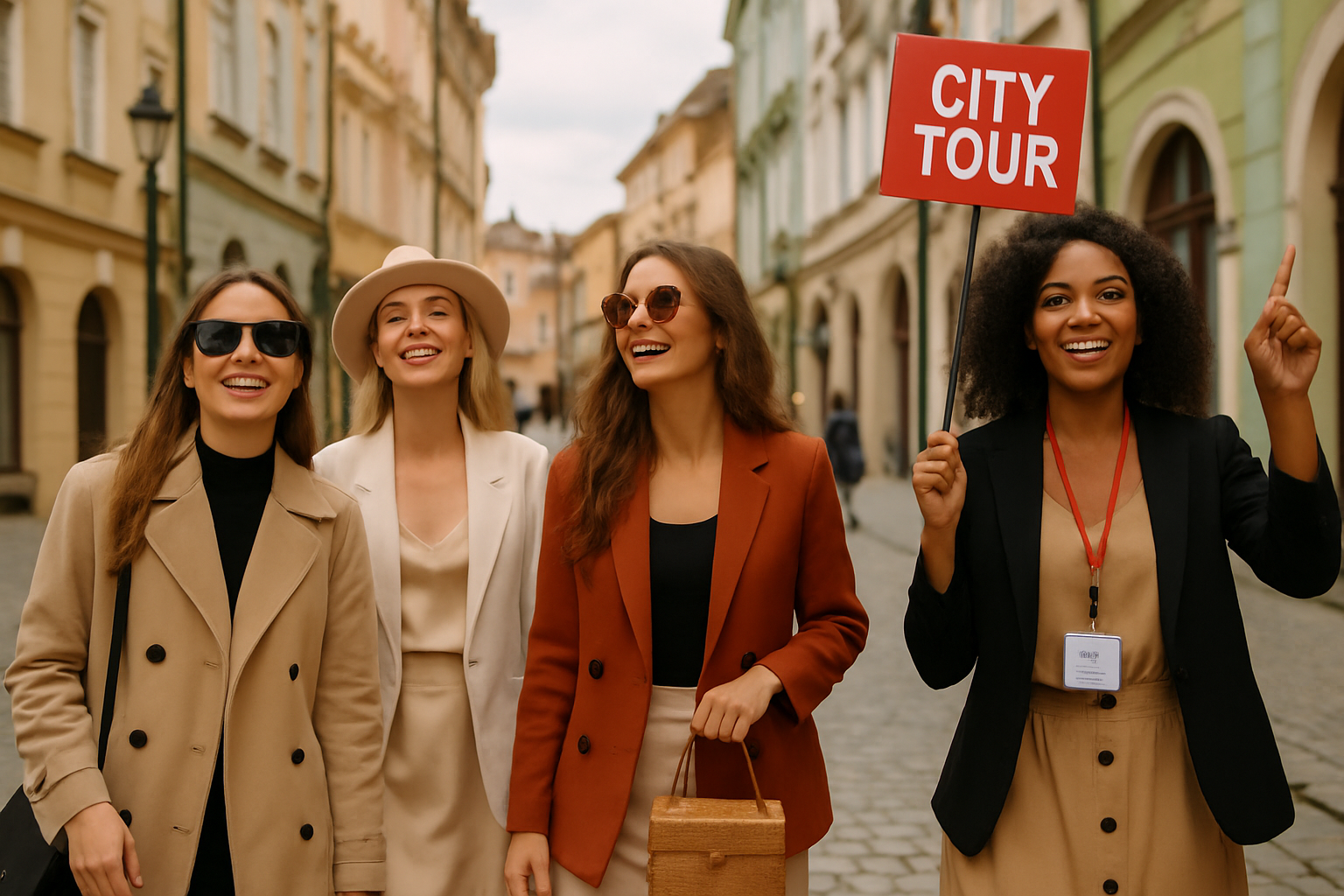 A group of fashionable women enjoying a curated city tour in Europe.