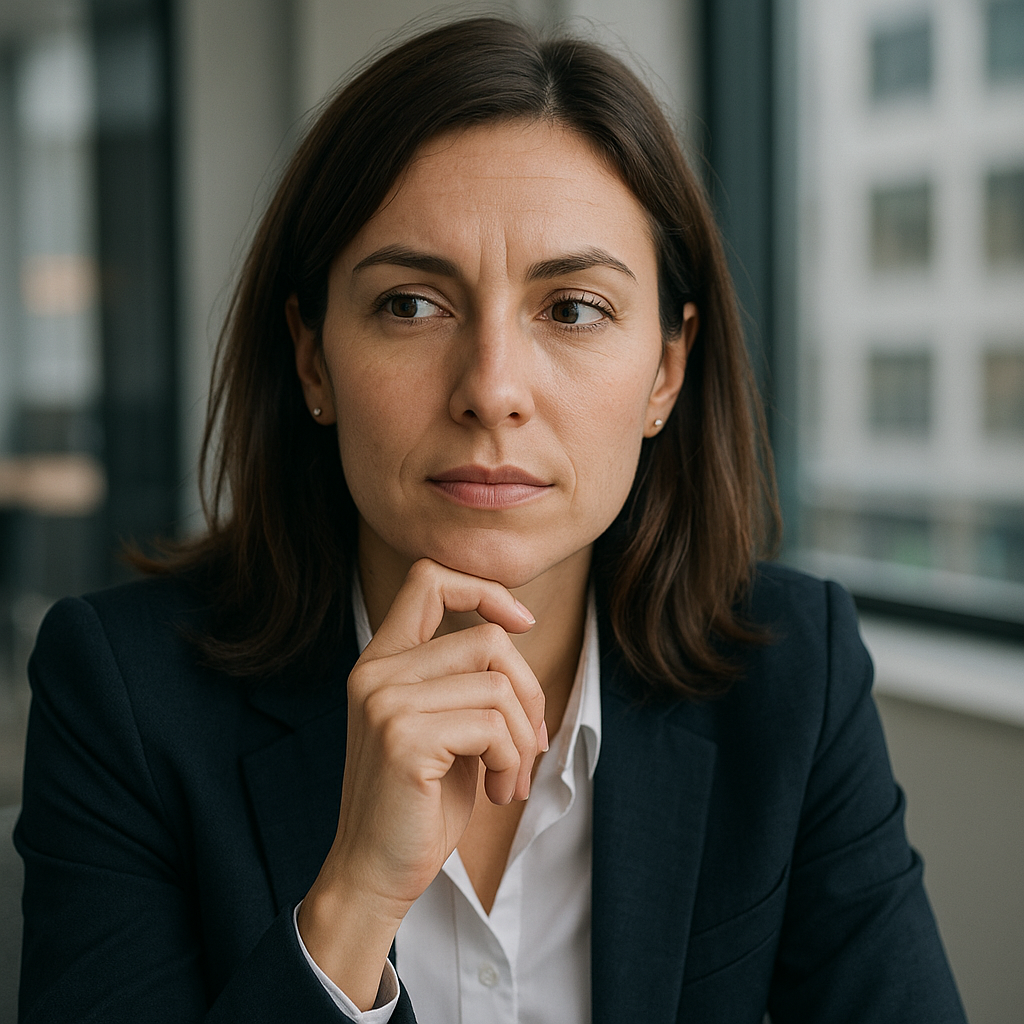 Professional marketer with thoughtful expression